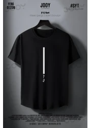Jooy Company تي شيرت أسود أبيض بقصة ضيقة - طقم مكون من قطعتين مطبوع بمفتاح منخفض