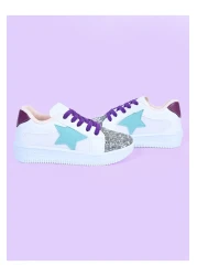MECH BUTİK Girl's White Sneakers Green Starry Silver Sequin Colorful Lace-Up Sneakers