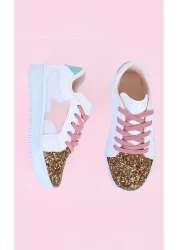 MECH BUTİK حذاء رياضي أبيض للفتيات باللون الوردي والمرصع بالنجوم باللون الذهبي مزين بالترتر