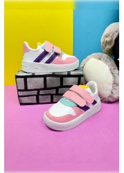 Nstil Unisex Children's Sports Shoes - White, Pink, Velcro, Double Stripe, Comfortable and Lightweight Zl001