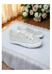 pediashoes Girl's Silver Color Stone Lace up Stylish Shoes