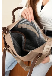 Just Polo Women's Sand Brown Large Size Lacoste Fabric Hand and Shoulder Bag P346037Mh