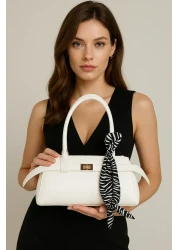 macharelbasic White Hand and Shoulder Bag with Lock Detail and Scarf Gift