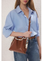  Shoes Tan Chain Scarf Detailed Cross Strap Women's Shoulder Bag Takss25Oc00053