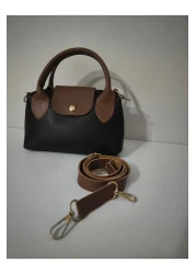 Home Women's Faux Leather Handle Small Size Hand and Shoulder Bag Black-Tan