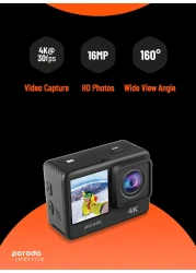 كاميرا Porodo Lifestyle بدقة 4K و30 إطار/ث، زاوية رؤية 120°، صور 16 ميجابكسل، شاشتين، مقاومة للماء، بطارية 900 مللي أمبير، دعم WiFi، شاشة عرض متعددة، متوفرة باللون الأسود.
