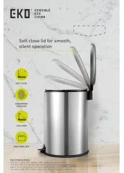 EKO 20L Pedal Bin Serene - Silver Large Capacity Step Round Bin with Soft-Close Lid Fingerprint-Resistant Finish Removable Inner Liner Bag Stabilizer