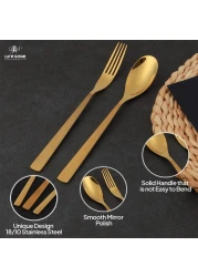 Life Smile 24 Pieces Cutlery Set Service for 6 person,Pure Stainless Steel Flatware Set,Mirror Polished Cutlery Utensil Set Include Spoon/Fork/Knife/Tea Spoon(SHINE GOLD &amp; SAND BLASTING HANDLE)