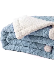 Fabienne Jacquard Sherpa Blanket Single Size 160x220cm Faux Fur Bed Blanket Reversible Warm Cashmere Blanket Blue Grey for Throw Bed Sofa Travel Couch