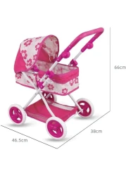 UKR Doll Stroller Canopy Pink for Girls Foldable Girl Pretend Play Toy Dolls Pram with Adjustable Handle Floral Canopy with Storage Basket.