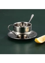 Liying 2Pcs Insulated Espresso Cup Stainless Steel Coffee Mugs Set (180ml), Double Walled Coffee Cup with Saucer and Spoon, Espresso Latte Cappuccino Milk Tea Cup
