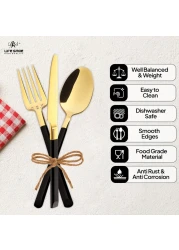 LIFE SMILE Cutlery Set, 18/10 Pure Stainless Steel Flatware Set with Stand, Rust Proof &amp; Fade Proof Dinnerware Set (SHINY GOLD HEAD &amp; SHINY BLACK HANDLE, 38 Pieces)