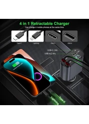 Retractable Car Charger 4 in 1 Fast Charging Adapter with Type C Cable, Dual USB Ports, Voltage Display, 60W Power Compatible with iPhone, iPad, Galaxy &amp; More