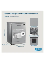 Beko Freestanding Dishwasher 13 Place Settings, 4 Programs, 2 Racks, A++ Energy Rating, Quiet Operation(49 dBA),Stainless Steel Tub, DVN04X20S(Silver)