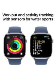 ساعة ابل سيريس 10 جي بي اس 42 ملم هيكل من الألومنيوم الفضي مع حزام رياضي من قماش أزرق - متوسطة / كبيرة