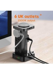 Tower Power Extension Cord 3 In 1 with 15W Wireless Charger - 6 AC Outlets - 4 USB Outlets - 2m Long Extension Cord Power Strip with Cable Organizer Box