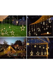 String Lights Moon Fairy String Lights Solar Powered Outdoor Curtain Window Lights Twinkle LED Star Lights for Backyard Garden Patio Home Party Holiday Ramadan Decoration (Warm light)