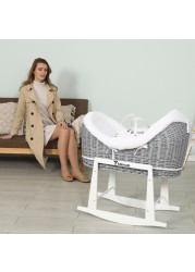 Teknum Infant Wicker Pod Moses Basket with White Waffle Beddings & White Rocker Stand - Wooden Grey