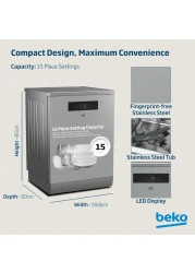 Beko Freestanding Dishwasher 15 Place Settings, 8 Programs,3 Racks,A++ Energy Rating,10 yrs warranty on Prosmart inverter motor,BDEN38523XQ(Stainless)