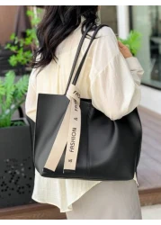 حقيبة كتف نسائية متعددة الاستخدامات ذات لون واحد، حقيبة كتف سعة كبيرة من جلد البولي يوريثان بديكور وشاح حريري