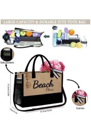 1set Beach Letter Print Tote Simple Linen Tote Reusable Grocery Shopping Tote Bag And Makeup Bag Holiday Gift Bag Perfect For Vacation Travel Khaki Summer Essentials Perfect For Vacation Holiday Suita