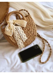 Lightweight Portable Small Straw Bag Skinny Scarf Decor Drawstring Double Handle For For Teen Girls Women College Students Perfect For School Outdoors Travel Outings Handbag Shoulder Bag Elementary Sc