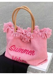 Fashionable Large Capacity Letter Tassel Canvas Tote Bag Simple And Perfect For Shopping And Commuting School Supplies School Bag School Tote Bag Back To School Large Capacity Suitable For Teen Girls