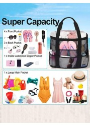 1PC Large Mesh Beach Bag Sandproof Swim Tote Bag Oversized For Family Foldable Lightweight Pool Boat Bag With Zipper And Extra Pockets For Toys Vacation Beach Cruise Essentials School Bag Large Capaci