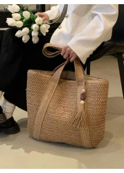 1 Pc Fashionable New Casual Summer Holiday Style Large Capacity Portable Solid Color Grass Woven Zipper Tote Bag With Wooden Bead Tassel Pendant Women s Beach Bag Suitable For Outdoor Leisure Vacation
