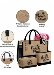 Beach Themed Beach Tote Bag Set For Women Printed With Artistic Letters Beach Beach And Coconut Tree Pattern Large Capacity Handbag And Two Makeup Bags