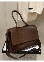 Large Capacity Vintage Casual Tote Bag For Women With Multi Layered Compartments Crocodile Embossed Flap Cover Adjustable Shoulder Strap Suitable For Commuting And Outdoor Travel Autumn Retro Inspired