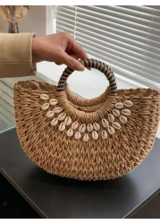 Tropiscape حقيبة قش بتصميم فارغ، حقيبة يد نصف دائرية مضفورة باليد، مناسبة للشاطئ والإجازات والاستخدام اليومي والس