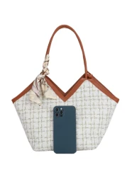 Bow Decor Lightweight Portable Casual Fashion Plaid Pattern Skinny Scarf Decor Tweed Shoulder Tote Bag For Girls Women College Students Rookies White Collar Workers For Fall Winter Essential For Work