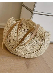 Yogodlns Hollow Out Summer Round Bags For Women Rattan Shoulder Bag Girls Handmade Woven Handbags Female Large Summer Perfect For Vacation Holiday School Bag Large Capacity Portable Classic Casual For