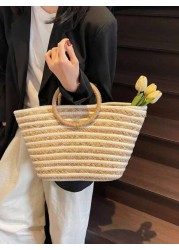 New Straw Tote Bag Large Capacity Women Casual Versatile Handbag Shopper Bag Striped Round Handle Beach Bag For Vacation Travel