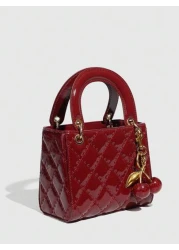 1pc PU Leather Handbag Wine Red Bag Versatile Patent Leather Quilted Tote Bag Structured Small Bag Fashionable Shoulder Crossbody Bag Geometric Pattern Purse