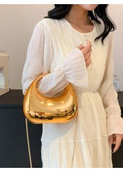 1pc New Arrival Golden Acrylic Clutch Bag Fashionable Personalized Handbag For Evening Party With Light Silver Color Moon Shaped Glittering Surface Detachable Metallic Chain Strap For Crossbody Wearin