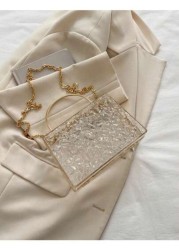Mini Chain Decorated Transparent Water Wave Pattern Hard Shell Metal Hand Held Box Bag