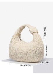 1pc Women Retro Minimalist Casual Imitation Knitting Angora Deer Velvet Leopard Print Bohemian Hippie Hollow Crocheted Woven Artificial Leather One Shoulder Armpit Baguette Bag Suitable For Outing Dat