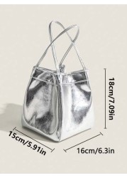 2025 Spring Summer New Silver Color Lunch Box Tote Bag Women s Commute Shiny Mirror Handbag Fashionable Simple Silver PU Leather Bucket Bag Casual Lightweight Solid Color Handbag