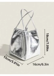 2025 Spring Summer New Silver Color Lunch Box Tote Bag Women s Commute Shiny Mirror Handbag Fashionable Simple Silver PU Leather Bucket Bag Casual Lightweight Solid Color Handbag