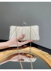 Women Fashionable Shiny Ring Buckle Pleated Satin Box Clutch Bag For Evening Dress Formal Party Prom Wedding Chain Handbag