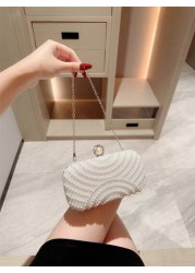 1pc Elegant Faux Pearl Box Shape Evening Clutch Bag White Romantic Wedding Party Purse Luxury Rhinestone Decor Evening Gown Bag Formal Party Crossbody Chain Bag Perfectly Matching With New Years Outfi
