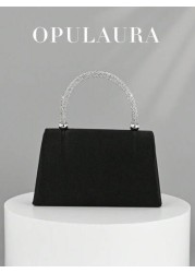 OpulAura Women s European And American Fashion Black Satin Flap Clutch Evening Bag Sparkling Elegant Bowknot Rhinestone Decor Party Handbag Luxury Satin Formal Dress Bag Chain Shoulder Bag Suitable Fo