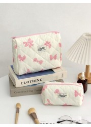 1Piece Bow Travel Toiletry Bag With Handle Quilted Fabric Large Capacity Women Handle Cosmetic Bag Cosmetic Brushes Storage Make Up Organizer Travel Skincare Makeup Pouch For For Bathroom For College