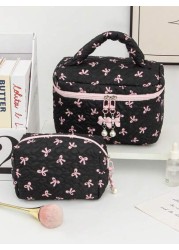 Floral Bow Decor Makeup Bag Fabric Print Zipper Pouch Sweet Style Toiletry Bag Cosmetic Bag For Home Travel Daily Use Women Makeup Organizer Makeup Storage Bag Mini Pouch Travel Small Makeup Case Acce