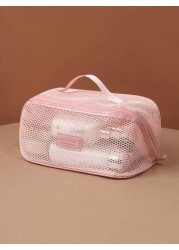 1pc Portable Mesh Travel Toiletry Bag Large Capacity Makeup Organizer Pouch Multi Functional Cosmetic Bag With Handle Women Gift Girls Gift Birthday Gift Mother s Day Gift Can Store Lipstick Eyeshadow