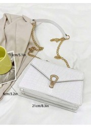 Crocodile Embossed Flap Chain Square Bag Lightweight Business Casual Small PU Leather Solid Color Square Shoulder Bag Perfect Sling Bag For Daily Use For Teen Girls Women College Students Rookies Whit