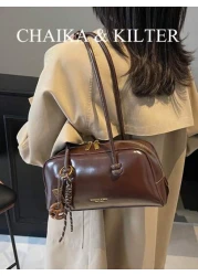 1pc CHAIKA KILTER Solid Shiny PU Leather Shoulder Bag Women s Fashion Large Capacity Bowling Bag With Dual Handles Zipper Closure Suitable For Daily Outdoor Use Sold With Pendant