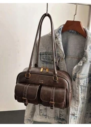 موديل كلاسيكي أنيق, جلد صناعي بنمط لوحي مقاوم للماء, بتصميم ديكوري بأنماط الحروف, متعدد الجيوب, حقيبة ظهر, حقيب